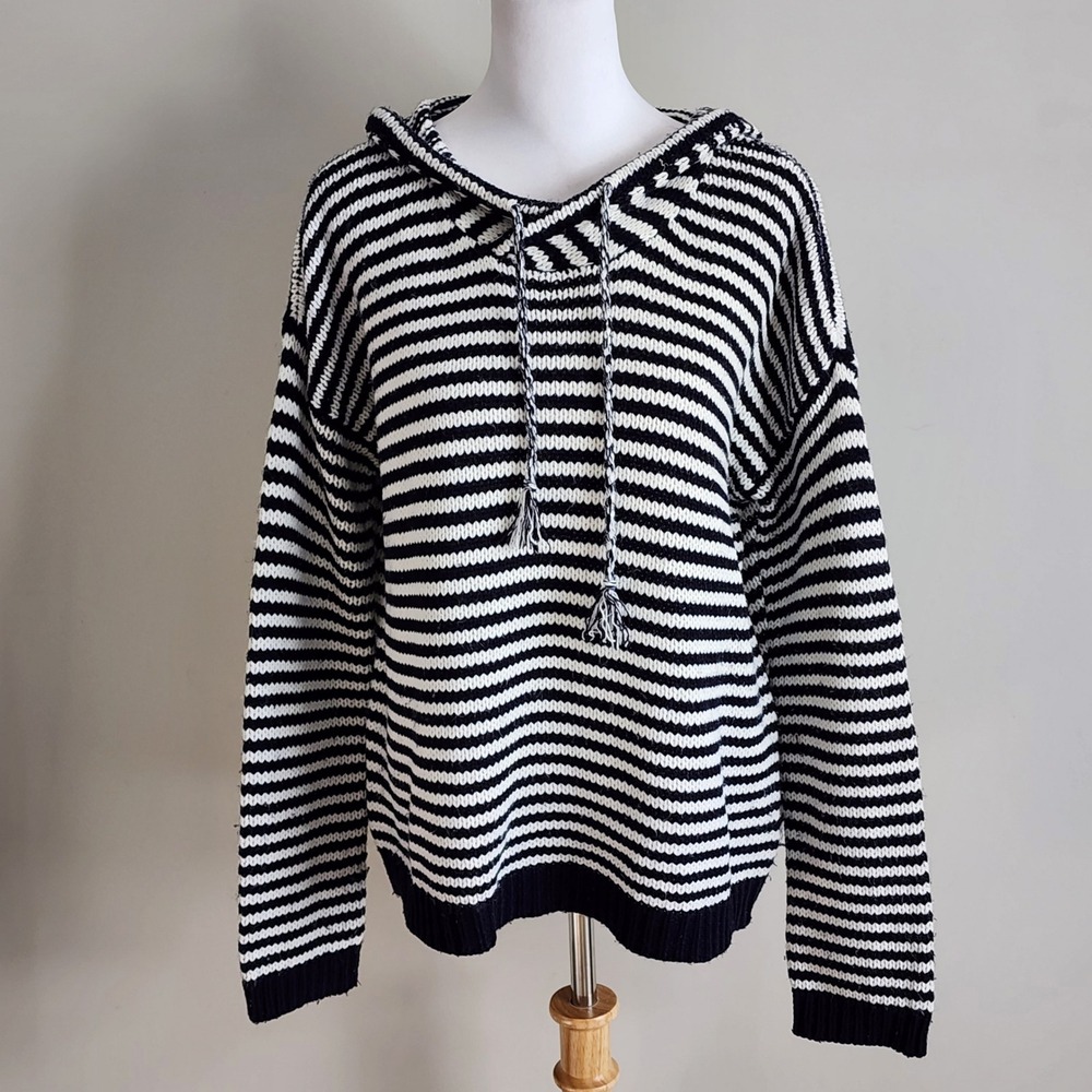 Striped Chunky Knit Hoodie Womens Large Black White Sweater Nautical Coastal